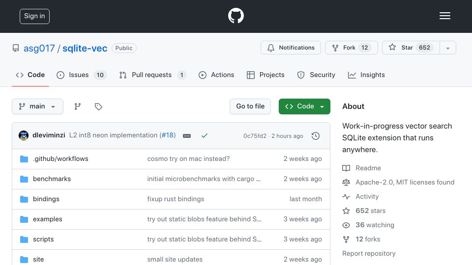 Screenshot of github.com: SQLite-vss deprecated and its sucessor SQLite-vec