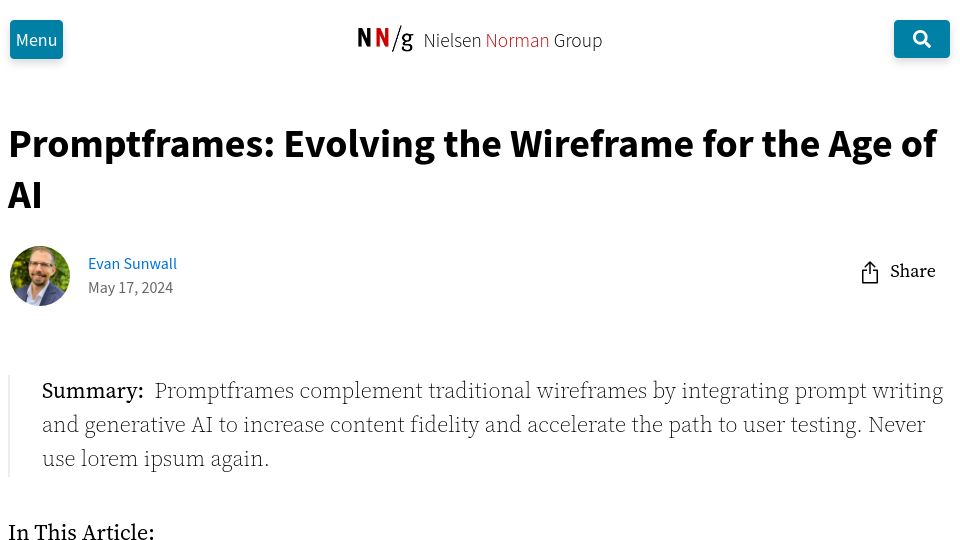 Screenshot of nngroup.com: Promptframes: Evolving the Wireframe for the Age of AI