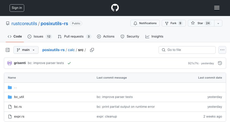 Screenshot of github.com: Memory-safe, clean implementation of classic Posix "BC" calculator