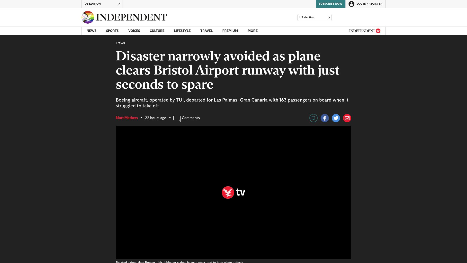Screenshot of independent.co.uk: Boeing Passenger Jet Nearly Crashes Because of Known Software Bug