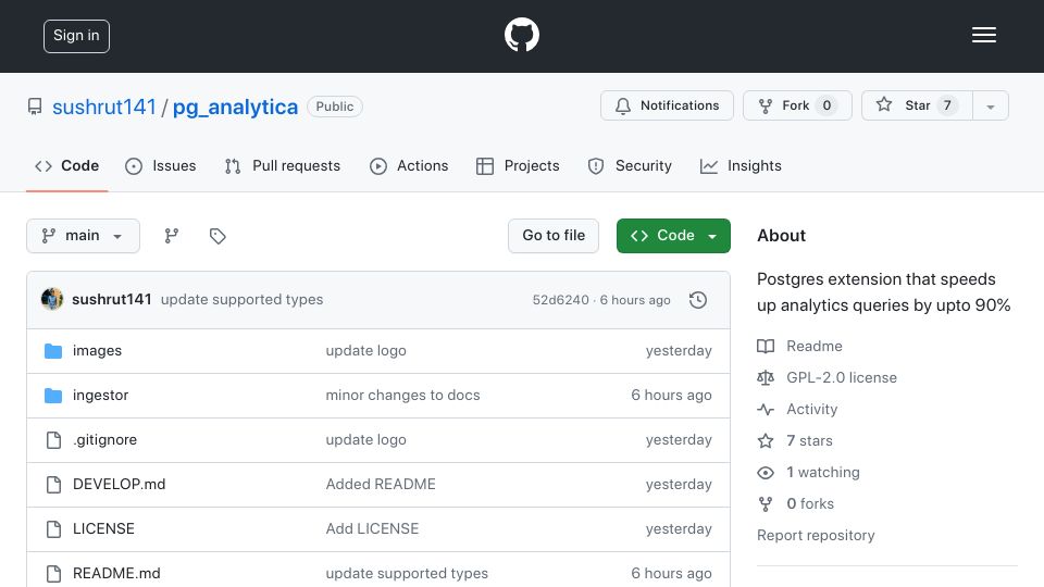 Screenshot of github.com: Show HN: Pg_analytica – Speed up queries by exporting tables to columnar format