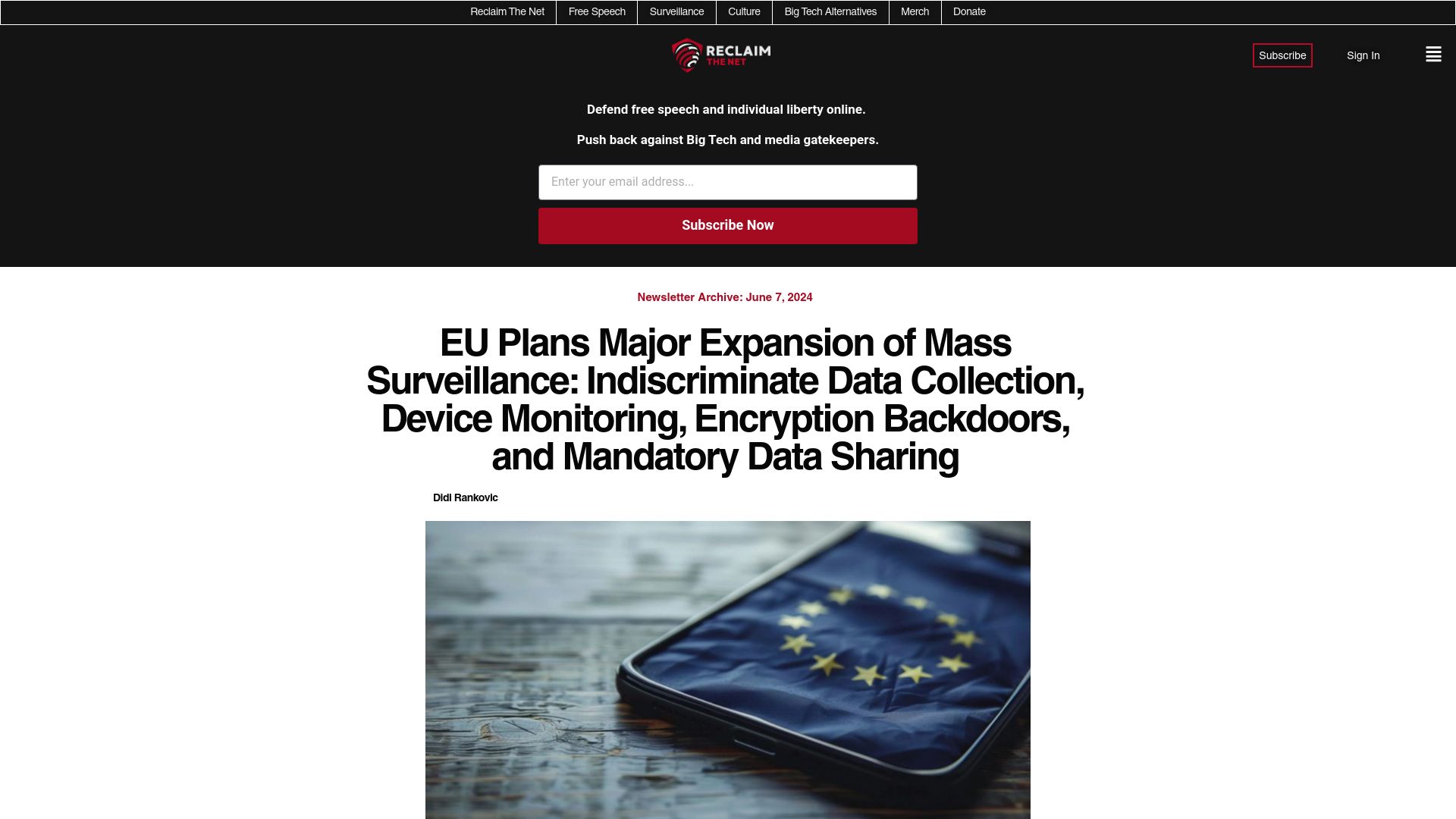 Screenshot of reclaimthenet.org: EU Plans Major Expansion of Mass Surveillance