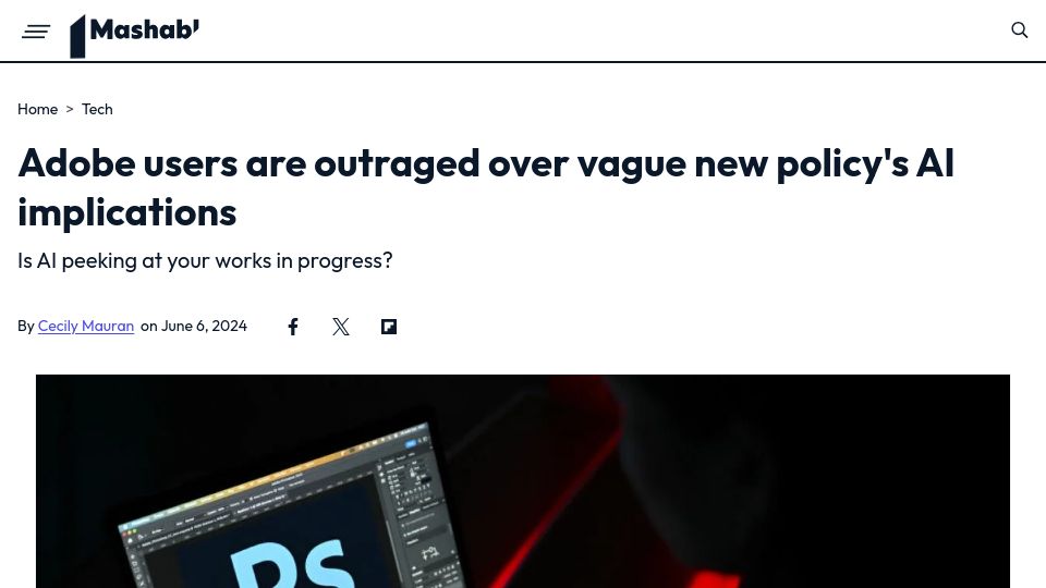 Screenshot of mashable.com: Adobe users are outraged over vague new policy's AI implications