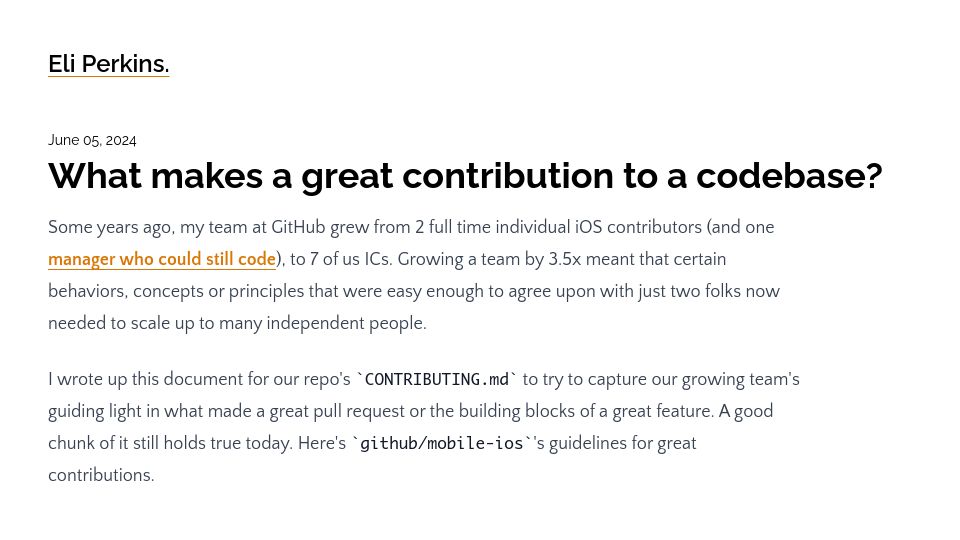 Screenshot of blog.eliperkins.com: What makes a great contribution to a codebase?