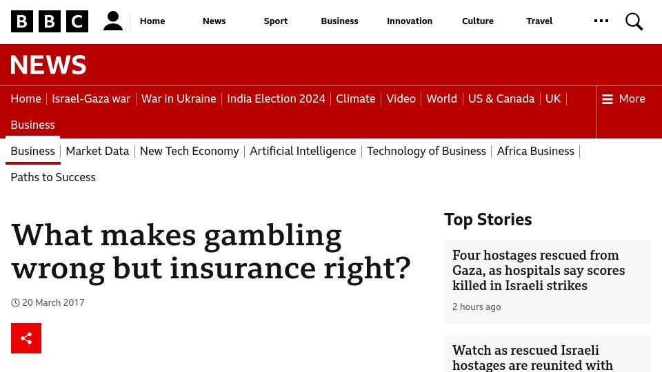 Screenshot of bbc.com: What makes gambling wrong but insurance right? (2017)