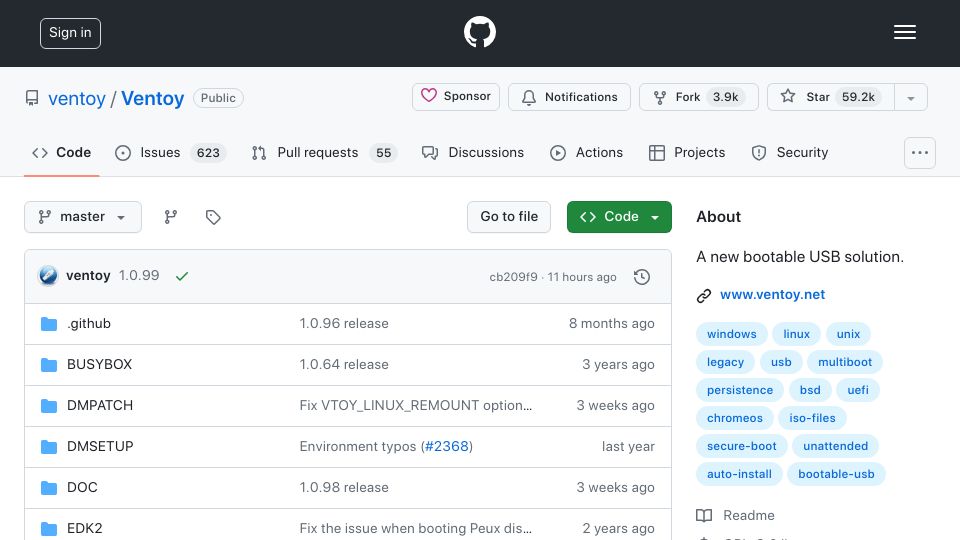 Screenshot of github.com: Ventoy – Bootable USB Solution