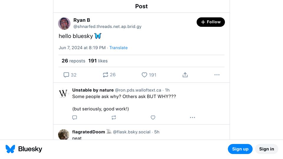 Screenshot of bsky.app: Bluesky first cross-post from Threads