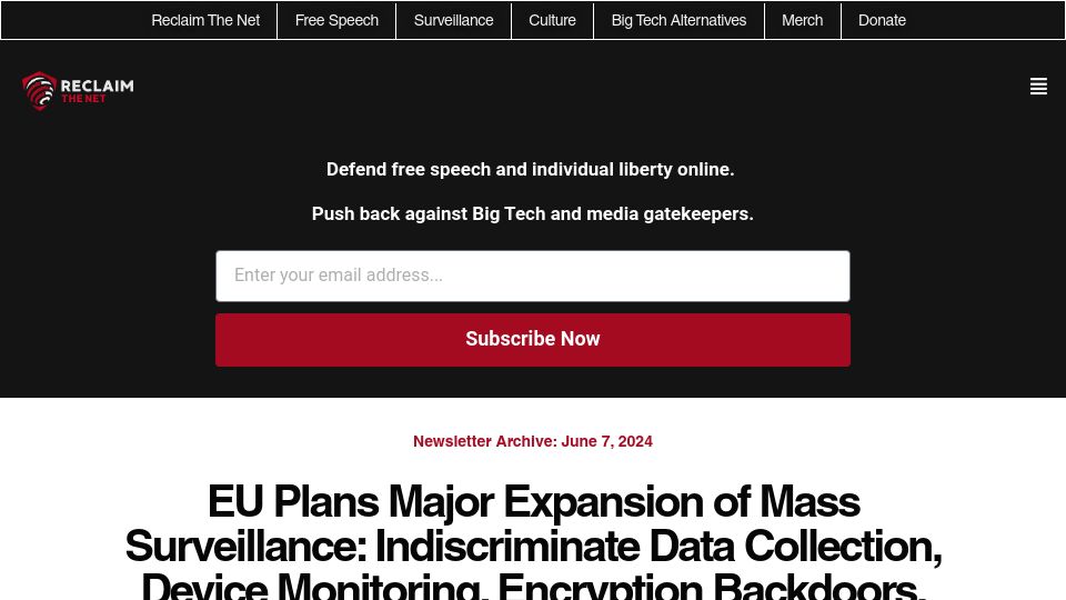 Screenshot of reclaimthenet.org: EU Plans Major Expansion of Mass Surveillance