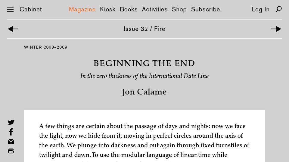 Screenshot of cabinetmagazine.org: Beginning the End: In the zero thickness of the International Date Line (2009)