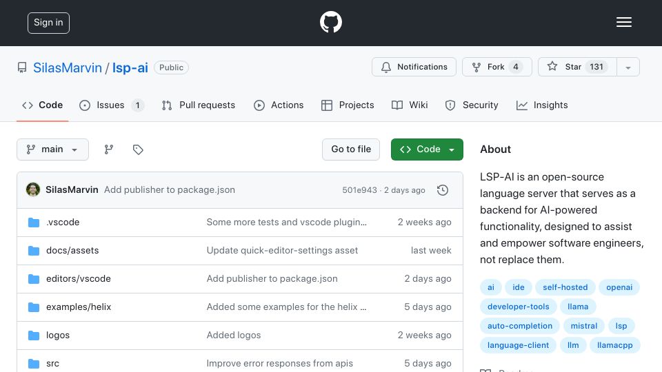 Screenshot of github.com: LSP-AI: open-source language server serving as back end for AI code assistance