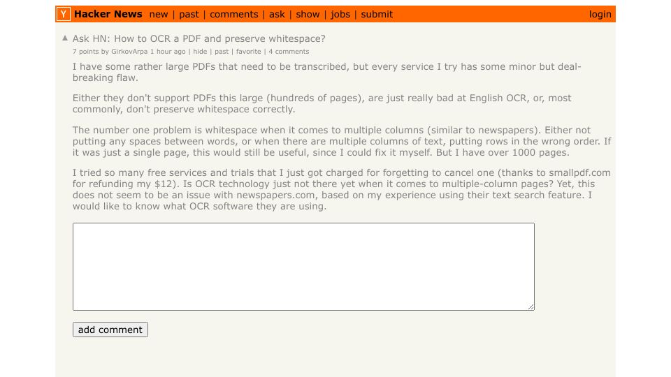 Screenshot of Hacker News post: Ask HN: How to OCR a PDF and preserve whitespace?