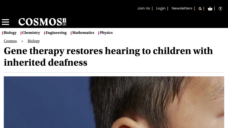 Screenshot of cosmosmagazine.com: Gene therapy restores hearing to children with inherited deafness