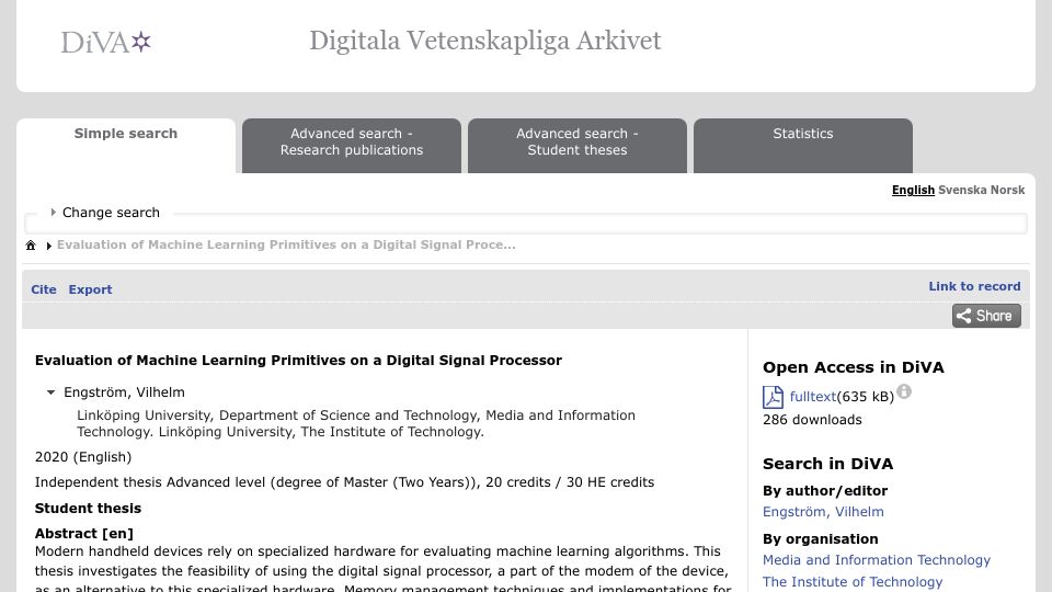 Screenshot of diva-portal.org: Evaluation of Machine Learning Primitives on a Digital Signal Processor