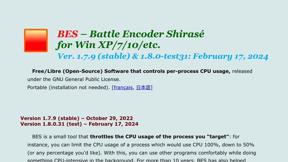 Screenshot of mion.yosei.fi: BES – OSS Windows software to control per-process CPU usage