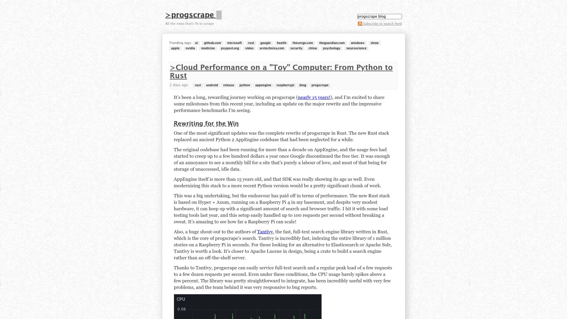 Screenshot of progscrape.com: Cloud Performance on a "Toy" Computer: From Python to Rust