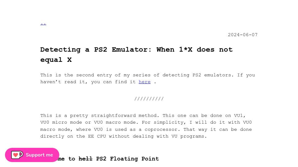 Screenshot of fobes.dev: Detecting a PS2 Emulator: When 1*X does not equal X