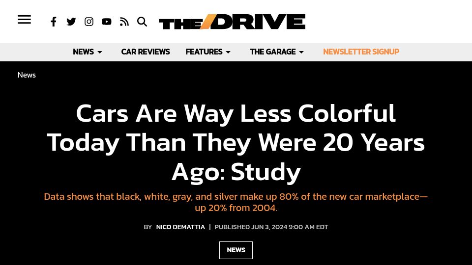 Screenshot of thedrive.com: Cars Are Way Less Colorful Today Than They Were 20 Years Ago: Study