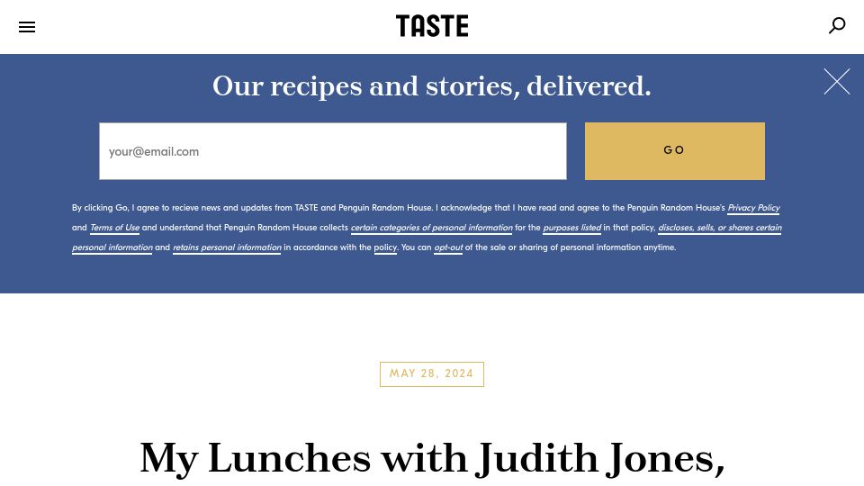 Screenshot of tastecooking.com: My lunches with the queen of cookbooks