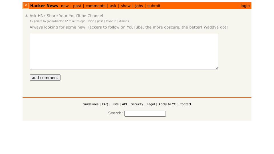 Screenshot of Hacker News post: Ask HN: Share Your YoutTube Channel