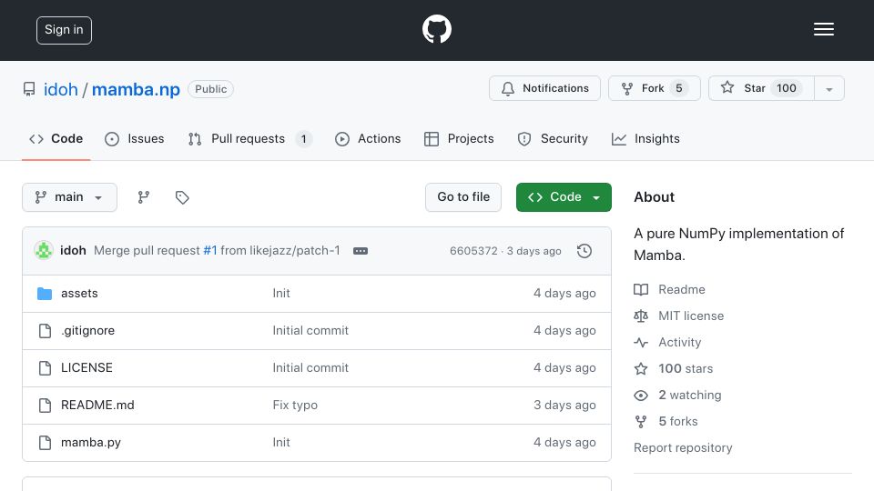 Screenshot of github.com: A pure NumPy implementation of Mamba