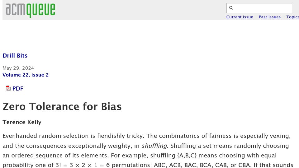 Screenshot of queue.acm.org: Zero Tolerance for Bias