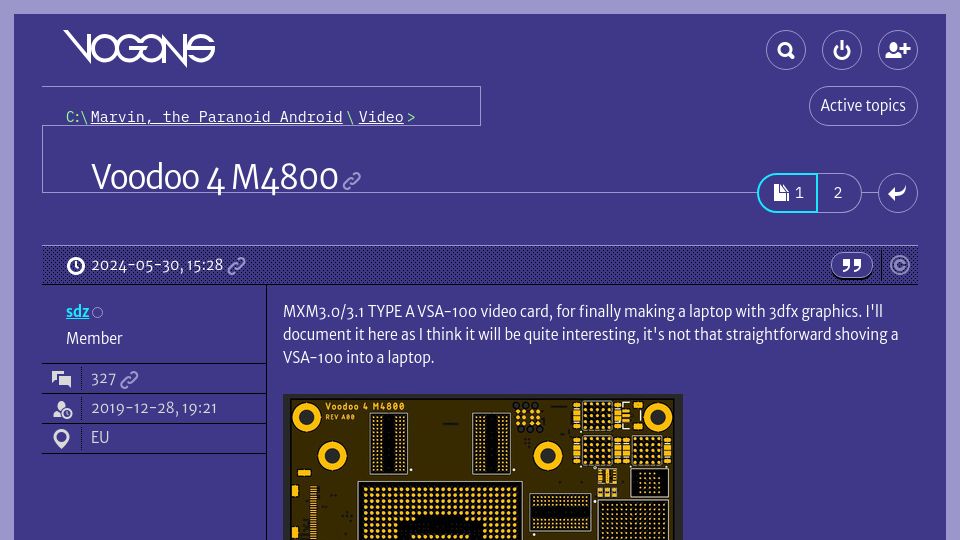 Screenshot of vogons.org: 3dfx Voodoo 4 video card in MXM format