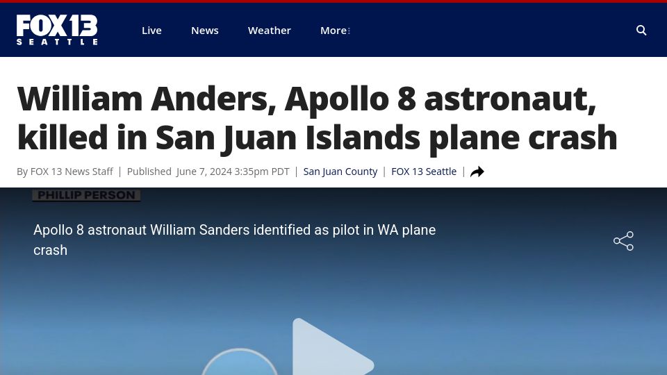 Screenshot of fox13seattle.com: Apollo 8 astronaut William Anders ID'd in WA plane crash