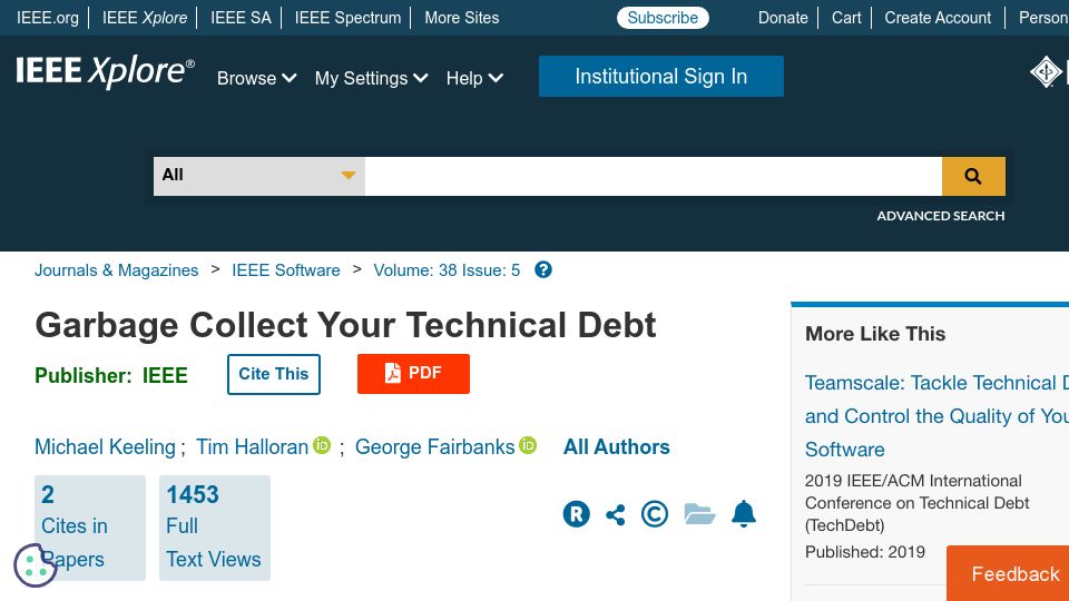Screenshot of ieeexplore.ieee.org: Garbage collect your technical debt (2021)