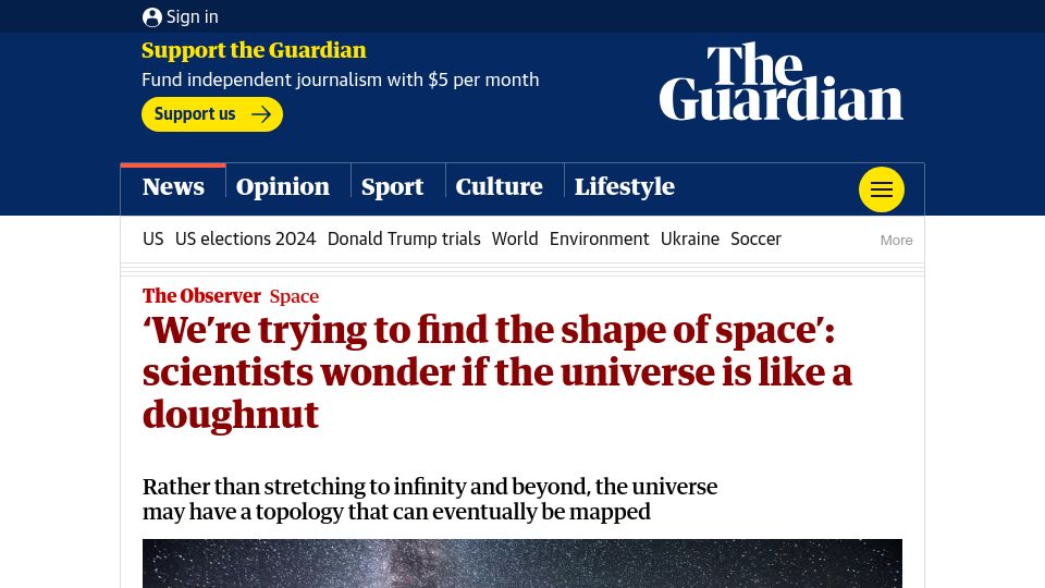 Screenshot of theguardian.com: Scientists wonder if shape of the universe is like a doughnut