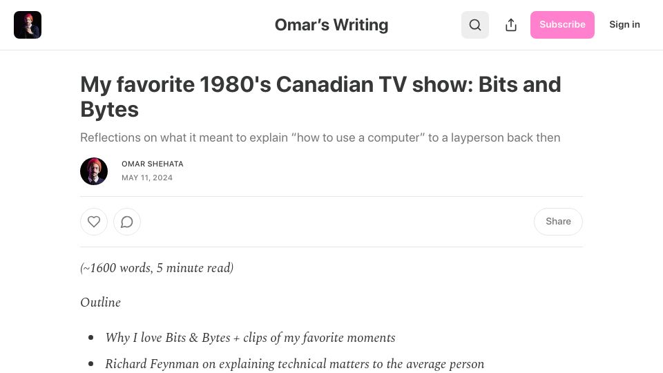 Screenshot of omarshehata.substack.com: My favorite 1980's Canadian TV show: Bits and Bytes