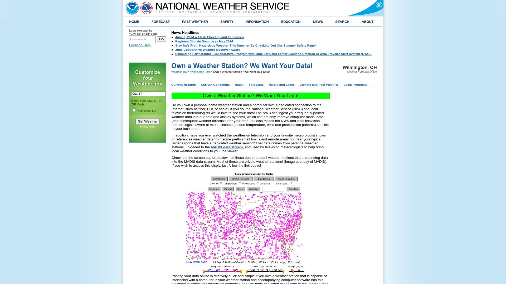 Screenshot of weather.gov: Own a weather station? We want your data