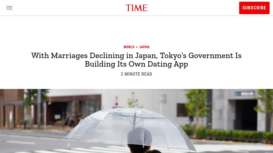Screenshot of time.com: Tokyo's Government Is Building Its Own Dating App to Combat Falling Birthrates
