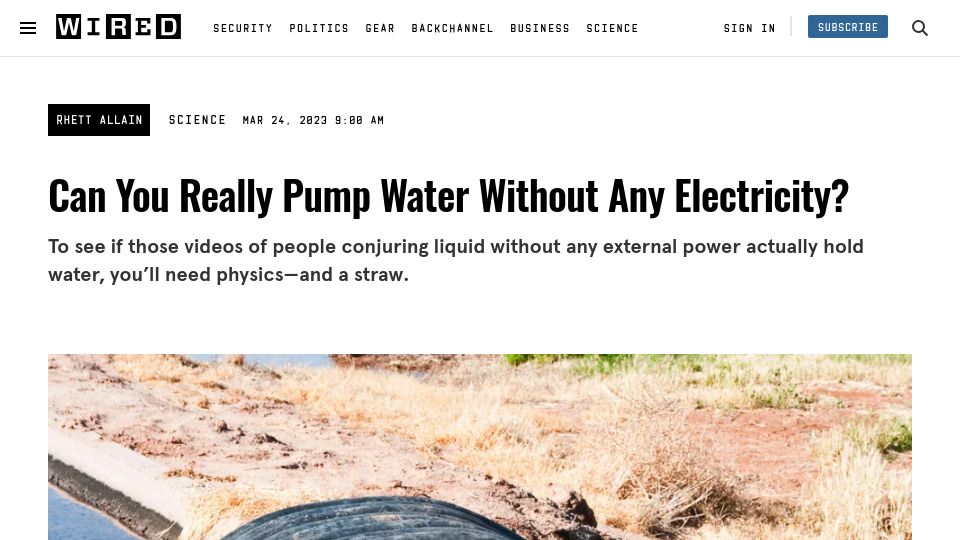 Screenshot of wired.com: Can You Pump Water Without Any Electricity?