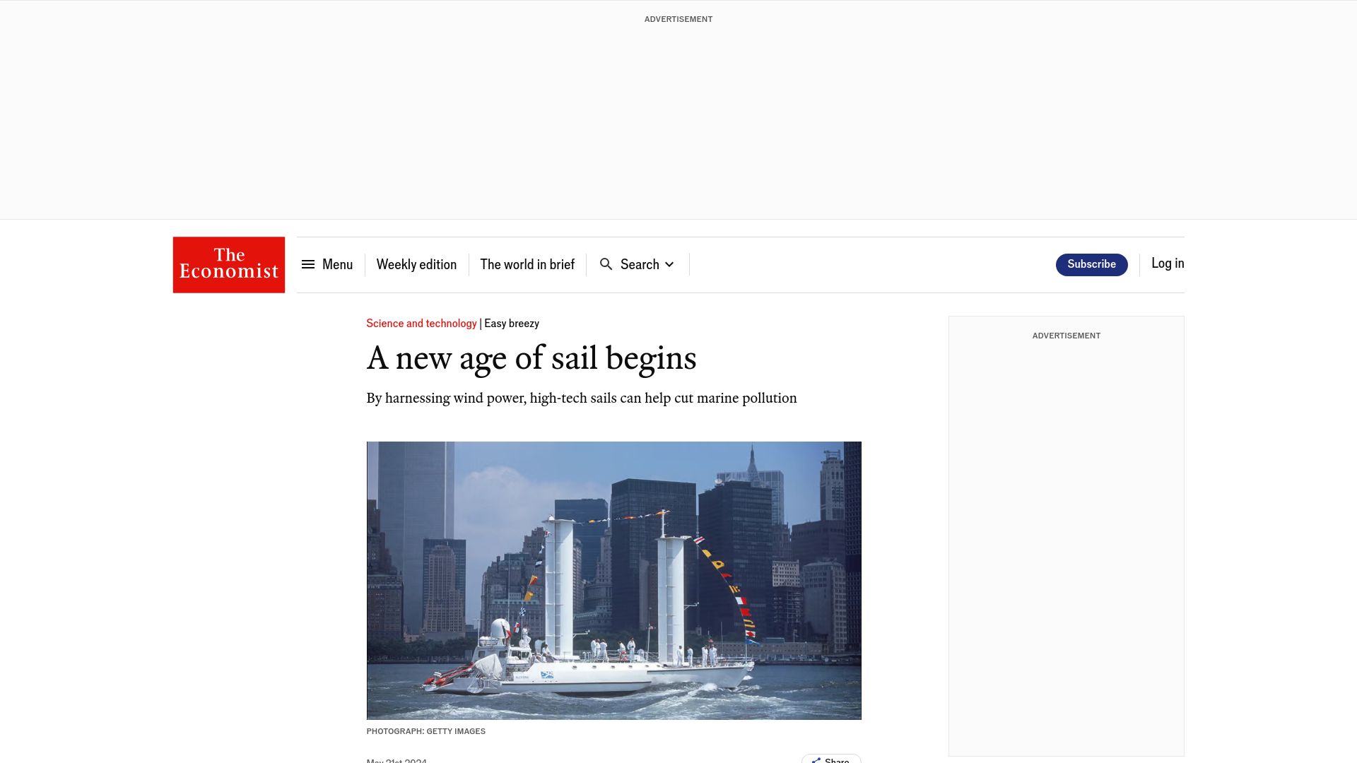 Screenshot of economist.com: By harnessing wind power, high-tech sails can help cut marine pollution