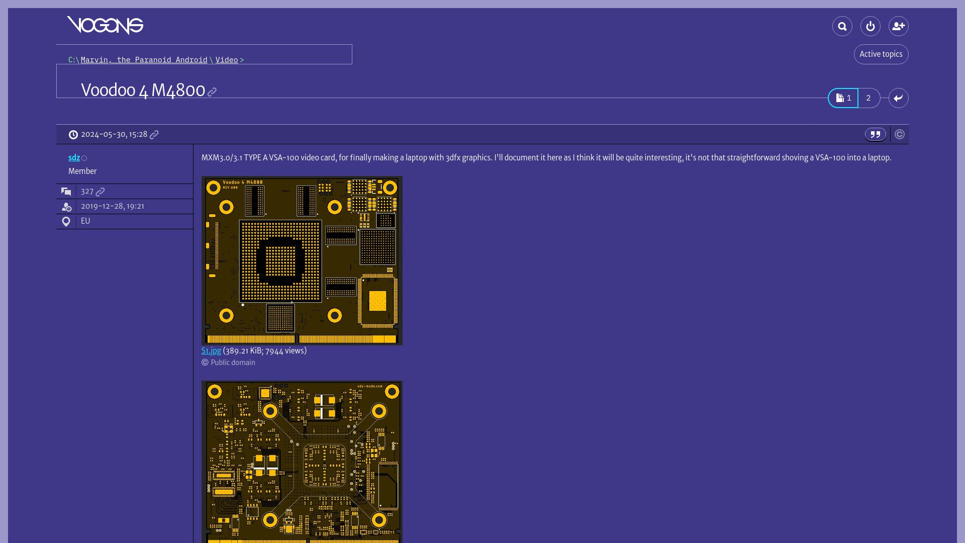 Screenshot of vogons.org: 3dfx Voodoo 4 video card in MXM format