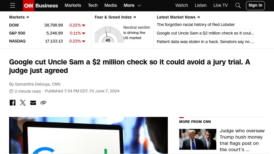 Screenshot of cnn.com: Google cut Uncle Sam a $2M check so it could avoid a jury trial