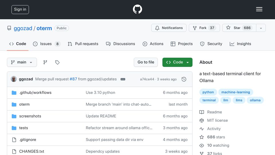 Screenshot of github.com: Chat TUI for Ollama