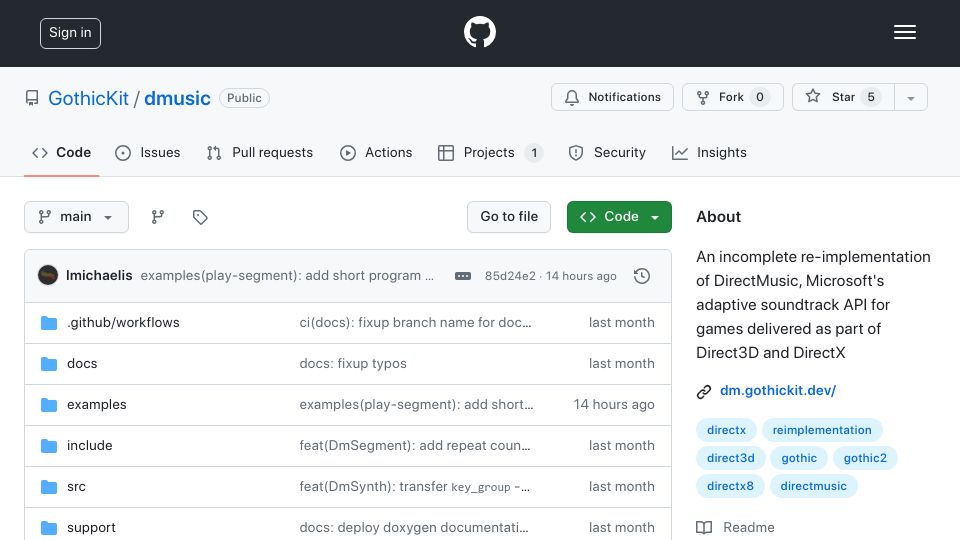 Screenshot of github.com: Show HN: I wrote a partial re-implementation of DirectMusic