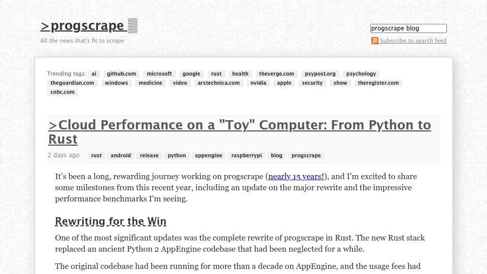 Screenshot of progscrape.com: Cloud Performance on a "Toy" Computer: From Python to Rust