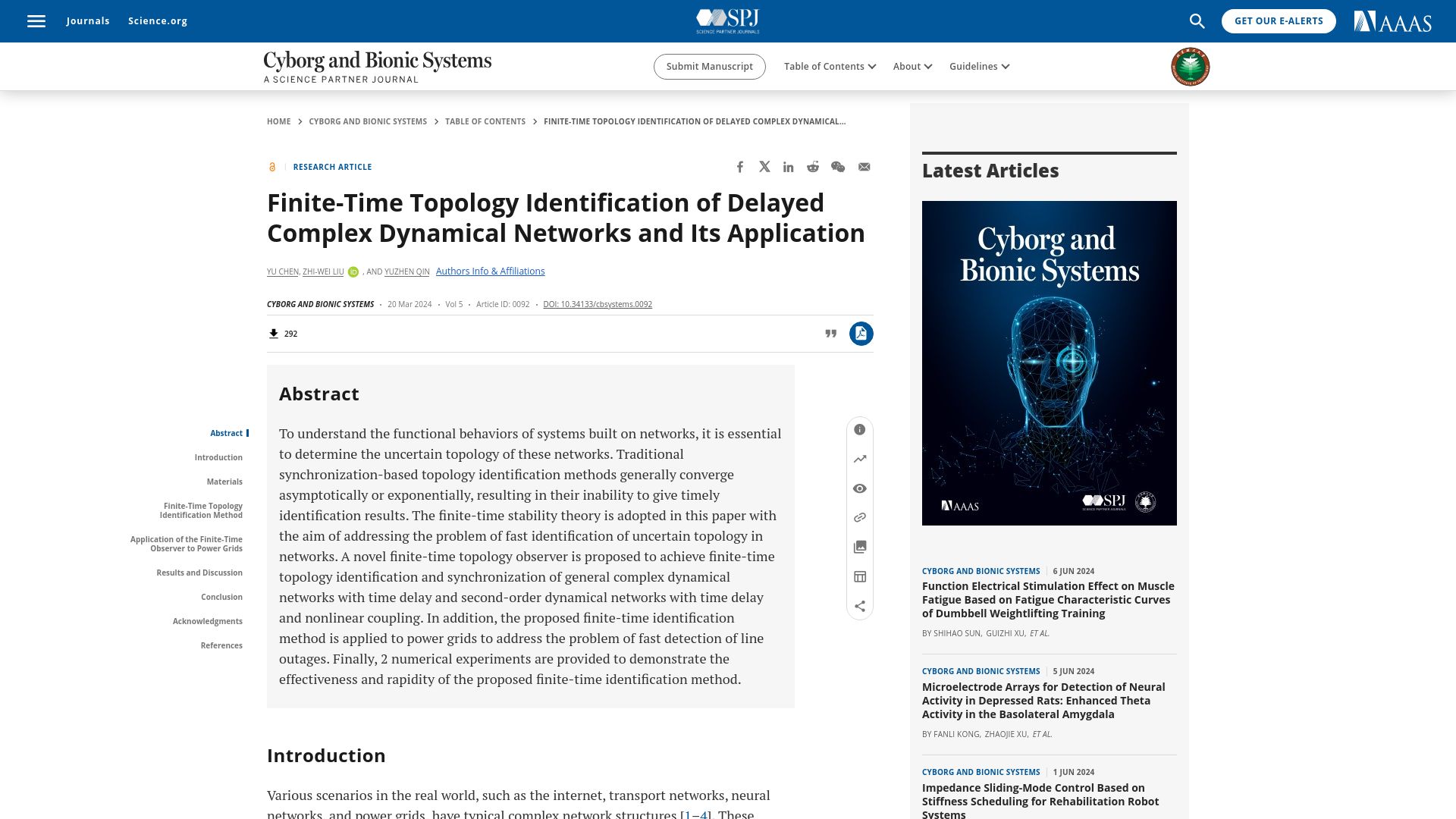 Screenshot of spj.science.org: Finite-Time Topology Identification of Delayed Complex Dynamical Networks