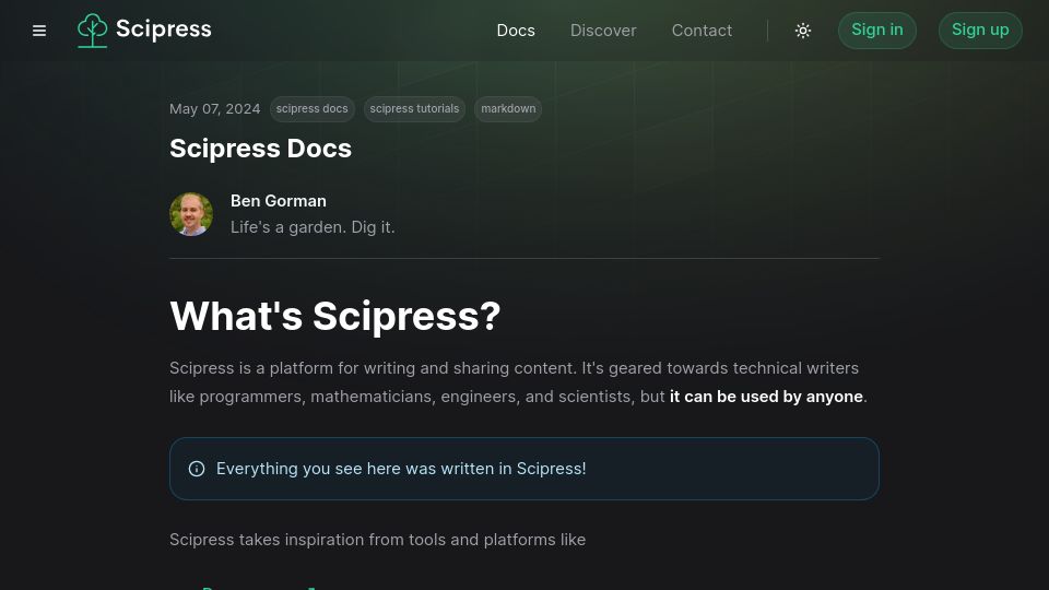 Screenshot of scipress.io: Show HN: Scipress.io – a Markdown writing platform like Notion Medium MkDocs
