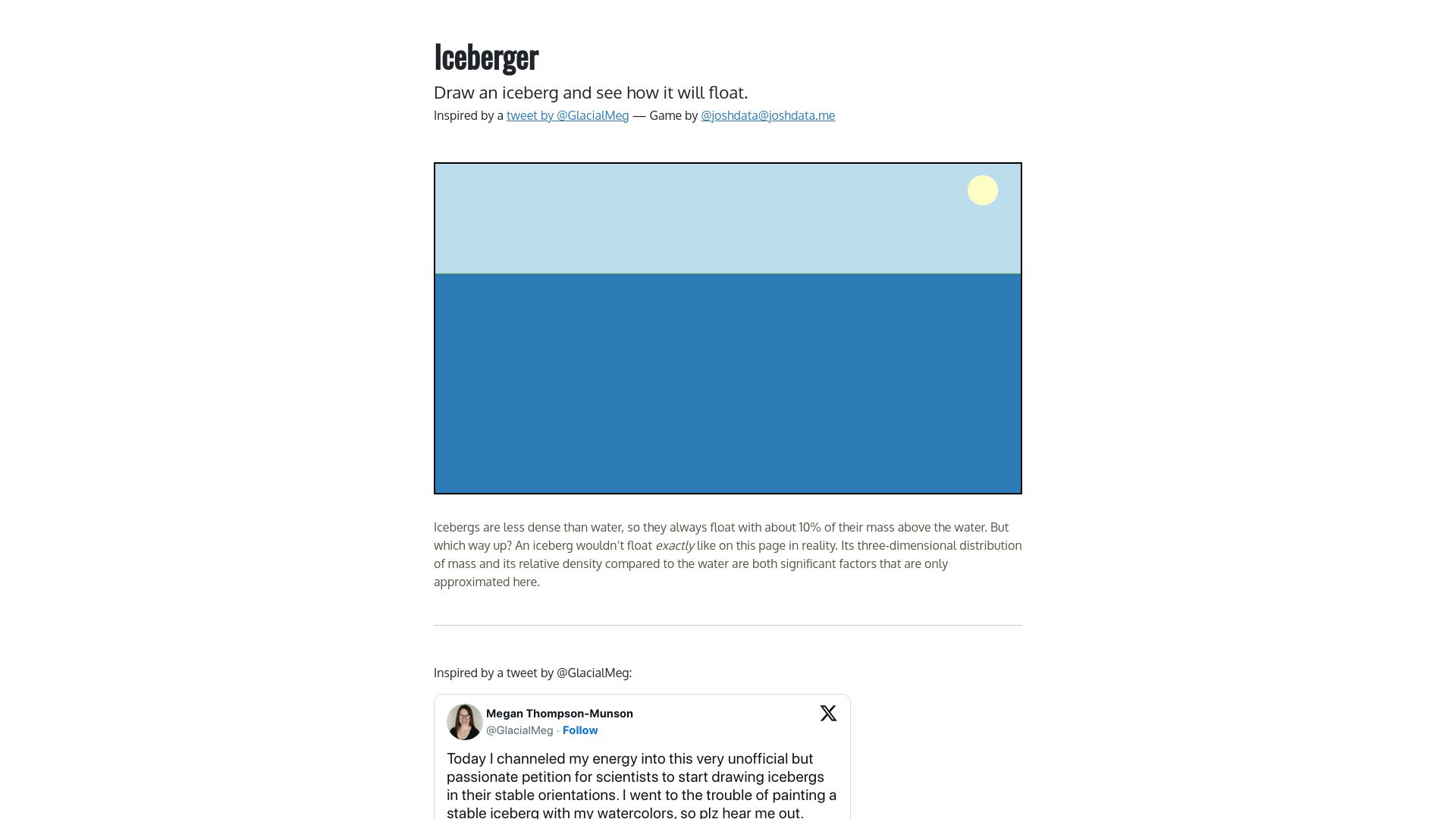 Screenshot of joshdata.me: Draw an iceberg and see how it will float