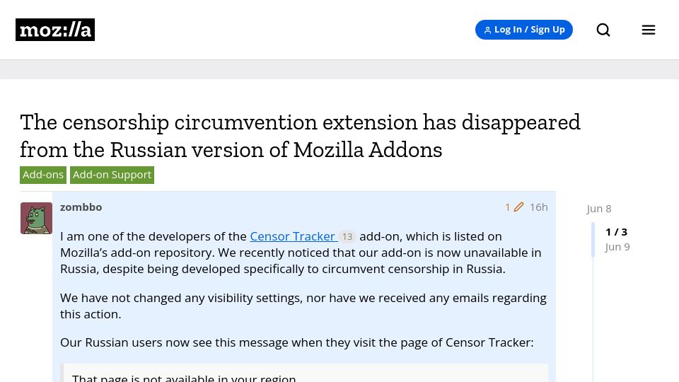 Screenshot of discourse.mozilla.org: Mozilla silently bans 2 anti-state-censorship add-ons in Russia