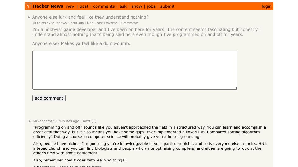 Screenshot of Hacker News post: Anyone else lurk and feel like they understand nothing?