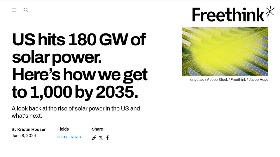 Screenshot of freethink.com: US hits 180 GW of solar power