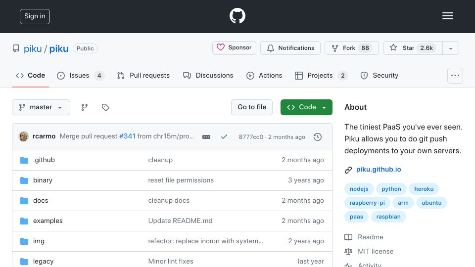 Screenshot of github.com: Piku: Allows git push deployments to your own servers