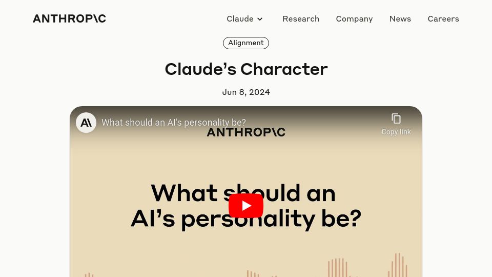Screenshot of anthropic.com: Claude's Character
