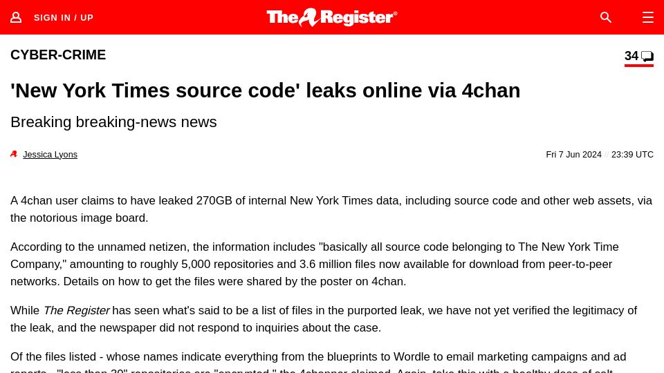 Screenshot of theregister.com: New York Times source code leaked