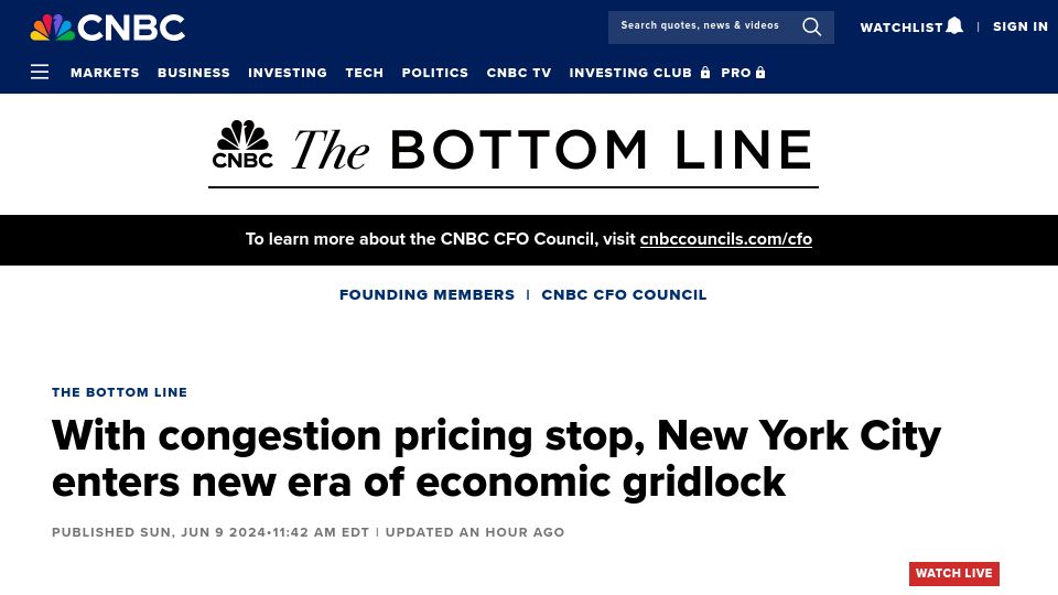Screenshot of cnbc.com: With congestion pricing stop, New York City enters new era of economic gridlock