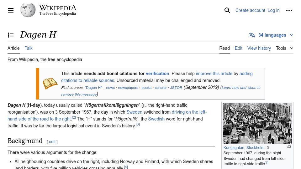 Screenshot of en.wikipedia.org: Högertrafikomläggningen